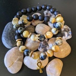 Men's Yellow Tiger's Agate Bracelet--"Ankh" and gold crown set w/ 10mm beads
